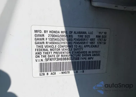 2011 Honda Pilot Ex-L from USA, damaged, VIN 5FNYF3H69BB032588